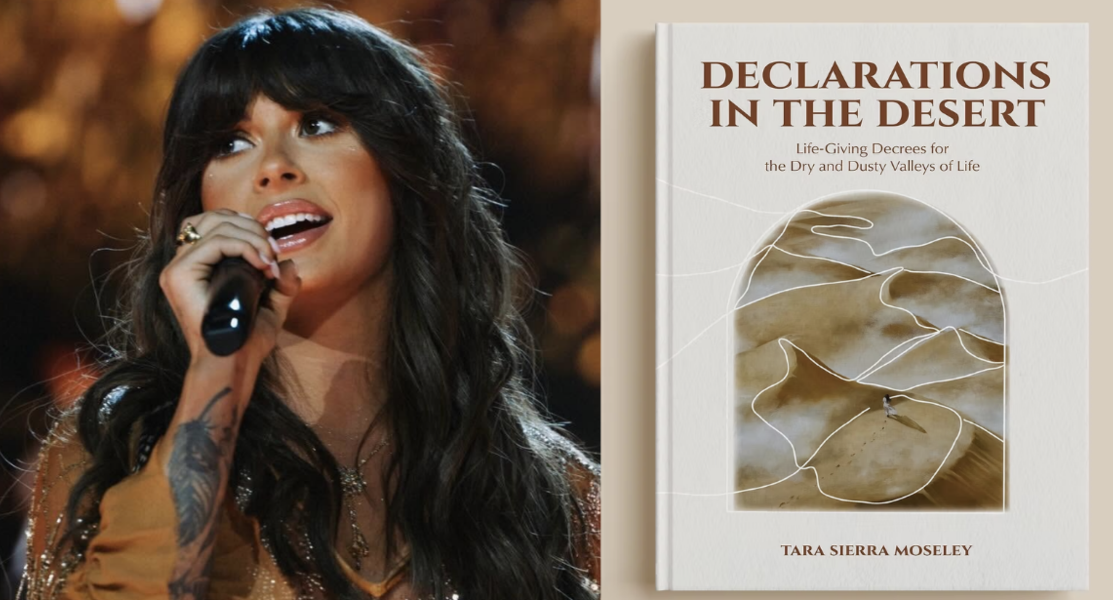 Ella Langley performing, beside the cover of Declarations in the Desert by Tara Sierra Moseley — as featured in Country Chord