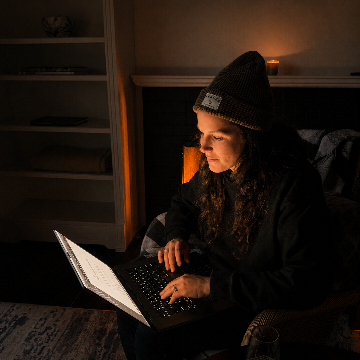 Tara writing by firelight